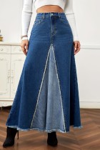 Deep Blue Casual Patchwork Contrast High Waist Regular Raw Hem Large Swing Stitching Denim Skirt