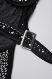 Черный сексуальный лоскутный комплект из трех предметов с вырезом на спине и без бретелек без рукавов