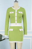 Green Yellow Sexy Solid Patchwork Buckle Buttons O Neck Long Sleeve Two Pieces
