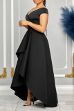 ブラック デイリー セレブ エレガント パッチワーク フラウンス ソリッド カラー V ネック 非対称 ドレス