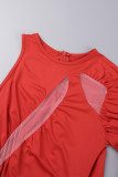 Розово-красные элегантные однотонные лоскутные платья с юбкой и круглым вырезом в стиле пэчворк