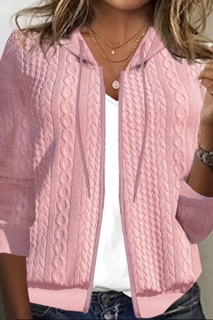 Capispalla con colletto con cappuccio e cerniera patchwork solido casual rosa