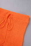 Oranje elegante effen patchwork trekkoordgesp O-hals lange mouw twee stukken