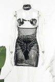 Черный сексуальный лоскутный комплект из трех предметов с вырезом на спине и без бретелек без рукавов