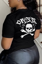 Zwarte casual print schedel patchwork T-shirts met ronde hals
