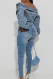 Голубая уличная однотонная джинсовая куртка с карманами и пуговицами с отложным воротником и длинными рукавами в стиле пэчворк