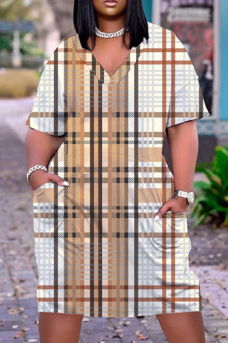 Khaki Casual Print Basic V Neck Short Sleeve Dress