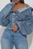 Hellblaue Street Solid Patchwork-Tasche mit Schnallenknöpfen, Umlegekragen, lange Ärmel, normale Jeansjacke