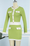 Green Yellow Sexy Solid Patchwork Buckle Buttons O Neck Long Sleeve Two Pieces