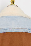 Giacca di jeans dritta a maniche lunghe con colletto rovesciato blu Street Solid Patchwork