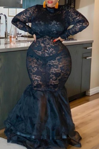 Black Sexy Solid See-through Half A Turtleneck Long Sleeve Plus Size Dresses