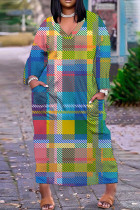 Многоцветный повседневный принт Пэчворк V-образный вырез с длинным рукавом Платья