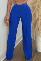 Coloré Bleu Décontracté Solide Basique Régulier Taille Haute Conventionnel Pantalon De Couleur Unie