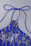 Синие сексуальные однотонные блестки в стиле пэчворк, горячая дрель, юбка с лямкой на шее, обернутые платья-юбки