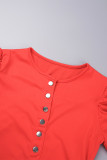 Красные повседневные однотонные лоскутные платья с круглым вырезом и длинными рукавами