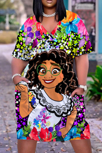 Multicolor Casual Print Basic V Neck Short Sleeve Dress