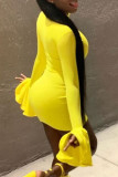 Vestidos de saia enrolados amarelos casuais sólidos patchwork com decote em O