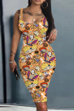 Mehrfarbiges, lässiges Cartoon-Druck-Basic-Weste-Kleid mit U-Ausschnitt