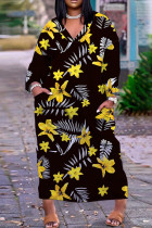 Черные повседневные платья с длинным рукавом и V-образным вырезом в стиле пэчворк с принтом