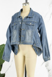 Giacca di jeans regolare a maniche lunghe con colletto rovesciato e bottoni con fibbia tascabile patchwork solido azzurro