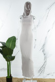 グレー カジュアル ソリッド スリット フード付き カラー ロング ドレス ドレス