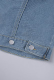 Light Blue Street Solid Patchwork Pocket Buckle Buttons Turndown Collar Long Sleeve Regular Fingers Crossed Denim Jacket Off Shoulder Denim Jacket