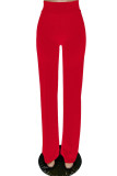 Pantalon décontracté solide de base régulier taille haute conventionnel de couleur unie rouge