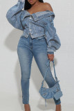 Jaqueta jeans regular de manga comprida com botões de fivela de bolso azul claro rua sólida