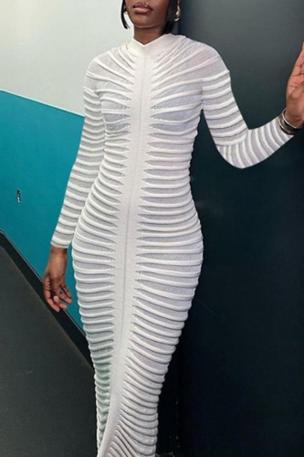 White Casual Solid Patchwork O Neck Long Sleeve Dresses