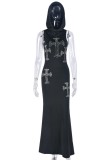 Black Casual Hot Drilling Patchwork Hooded Collar Long Dress Dresses