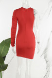 Robes de jupe enveloppées à col rond en Patchwork rouge élégant solide évidé