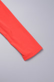 Красные повседневные однотонные лоскутные платья с круглым вырезом и длинными рукавами