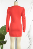Röda Casual Solid Patchwork O-hals långärmade klänningar