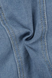 Light Blue Street Solid Patchwork Pocket Buckle Buttons Turndown Collar Long Sleeve Regular Fingers Crossed Denim Jacket Off Shoulder Denim Jacket