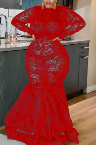 Rojo Sexy Sólido Transparente Medio cuello alto Manga larga Vestidos de talla grande