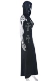 Черное повседневное длинное платье с воротником с капюшоном и горячим бурением в стиле пэчворк