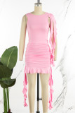 Розовые сексуальные повседневные однотонные платья без рукавов с открытой спиной и круглым вырезом