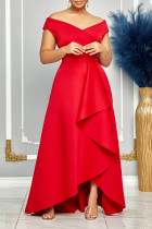 Красные повседневные знаменитости Элегантные лоскутные воланы Однотонные асимметричные платья с V-образным вырезом