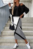 White Black Casual Print Patchwork V Neck Long Sleeve Two Pieces