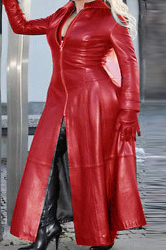 Roter Street Solid Patchwork-Mantel mit Stehkragen und Reißverschluss in Übergröße