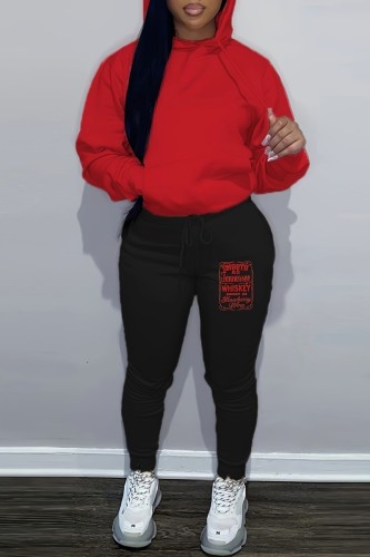 Red Casual Letter Print Basic Hooded Collar Long Sleeve Two Pieces