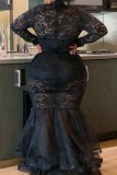 Black Sexy Solid See-through Half A Turtleneck Long Sleeve Plus Size Dresses