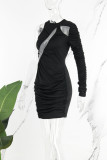 Черные элегантные однотонные лоскутные платья с юбкой и круглым вырезом в стиле пэчворк