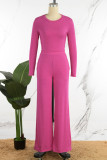 Rose Red Casual Solid Basic O Neck Long Sleeve Two Pieces