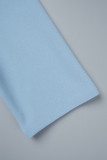 Himmelblaue, lässige, solide Patchwork-Kleider mit Schlitz, Umlegekragen und Wickelrock (mit Gürtel)