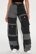Black Casual Patchwork Contrast High Waist Regular Baggy Wide Leg Cargo Denim Jeans