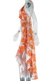 オレンジのセクシーなプリント包帯バックレス V ネック スリング ドレス ドレス