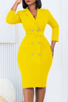 黄色のカジュアルな固体パッチワーク ベルト ターンダウン カラー長袖ドレス