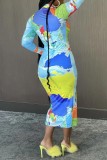 Lichtblauwe, casual print-basic jurken met col en lange mouwen