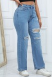 Deep Blue Casual Solid Patchwork High Waist Straight Wide Leg Ripped Denim Jeans